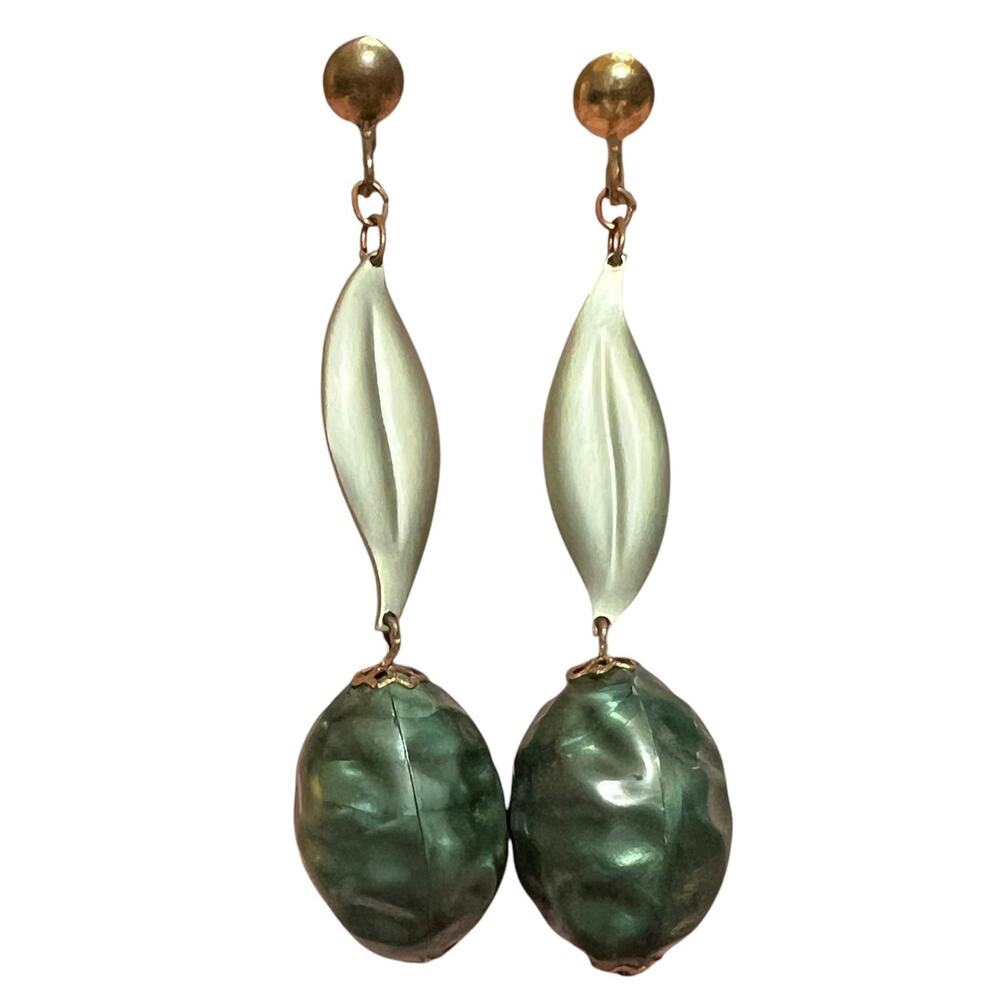 1960s Green Lucite and Gold-Tone Clip-On Dangle Earrings, Mid-Century Jewelry